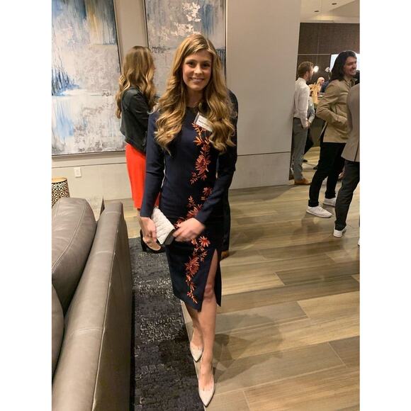 CINQ A SEPT Women's Navy Orange Floral Embroidered Side Slit Lexi Dress Size 8 - Picture 16 of 16